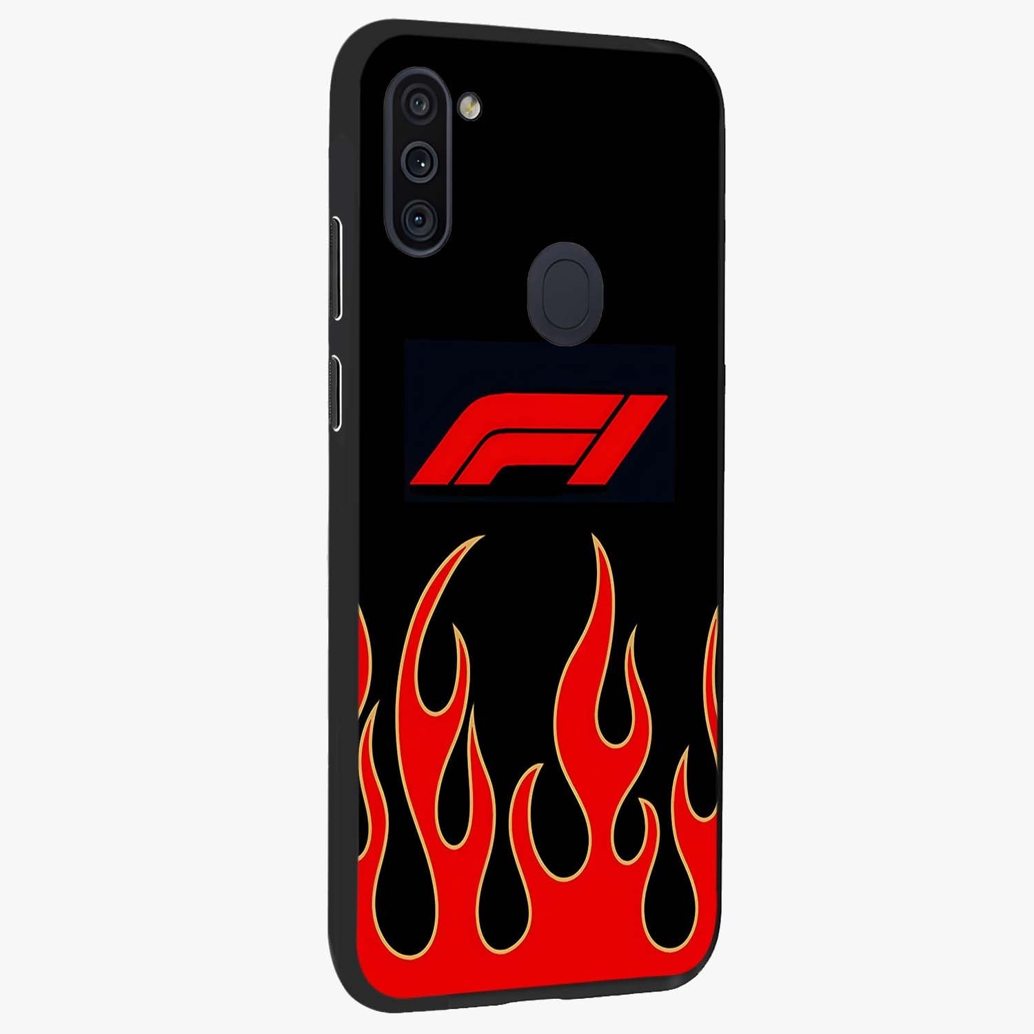 Fire F11 Glass Case upright view showcasing dynamic flame artwork with intense visual theme.