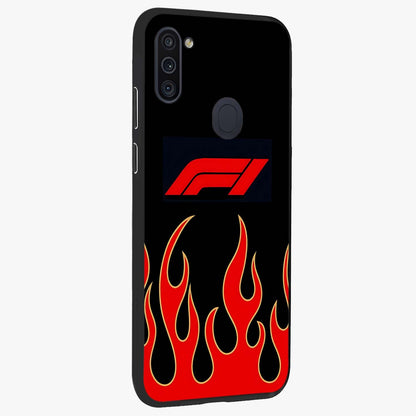 Fire F11 Glass Case upright view showcasing dynamic flame artwork with intense visual theme.