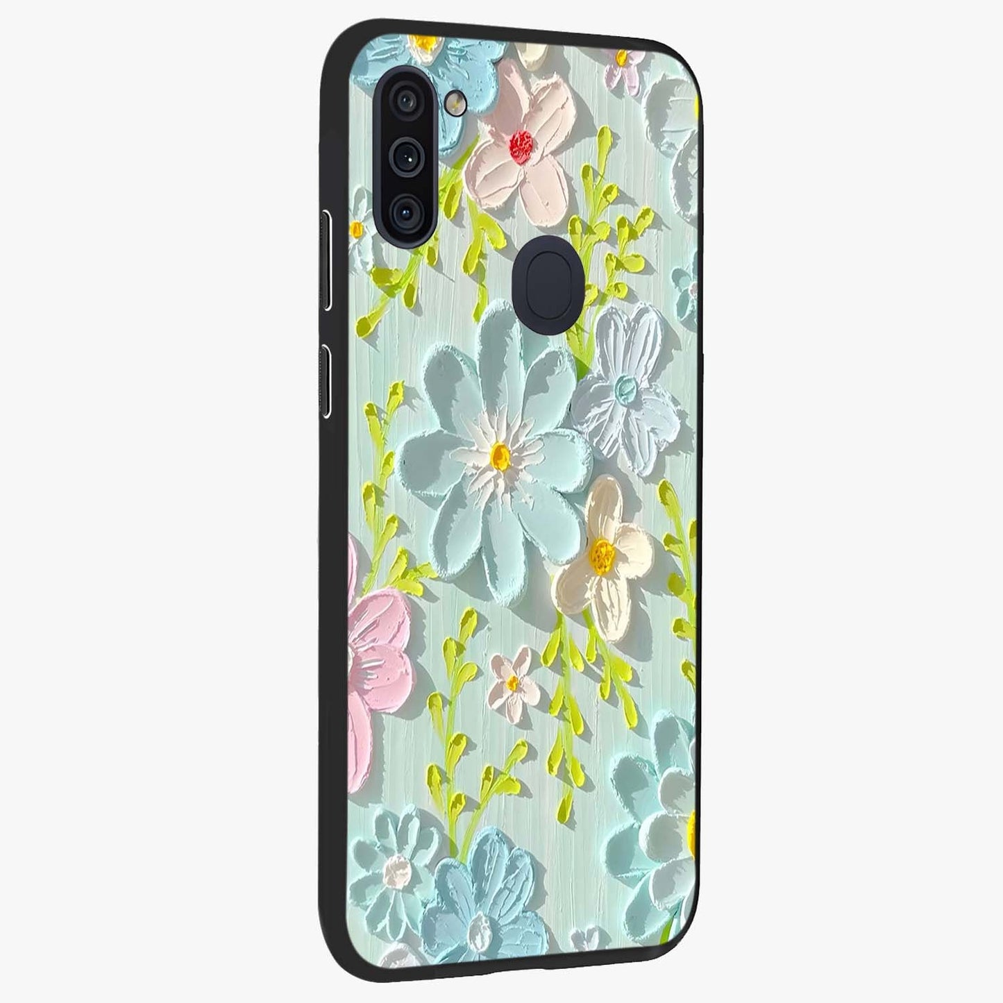 Frosted Petal Garden Glass Case upright view showcasing elegant floral garden artwork with soothing pastel theme.