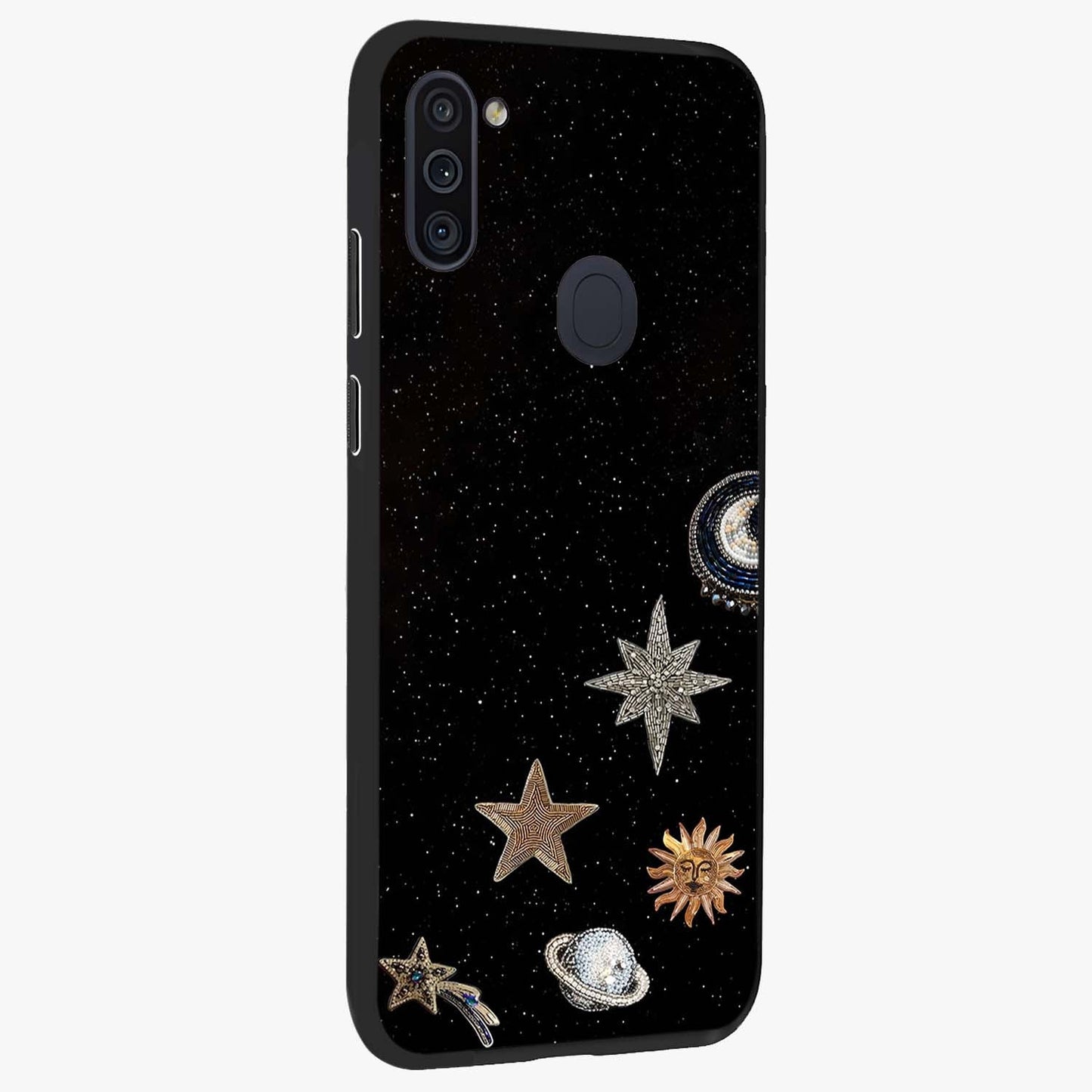 Galactic Charm Glow Glass Case upright view showcasing glowing cosmic charm artwork with magical celestial style.