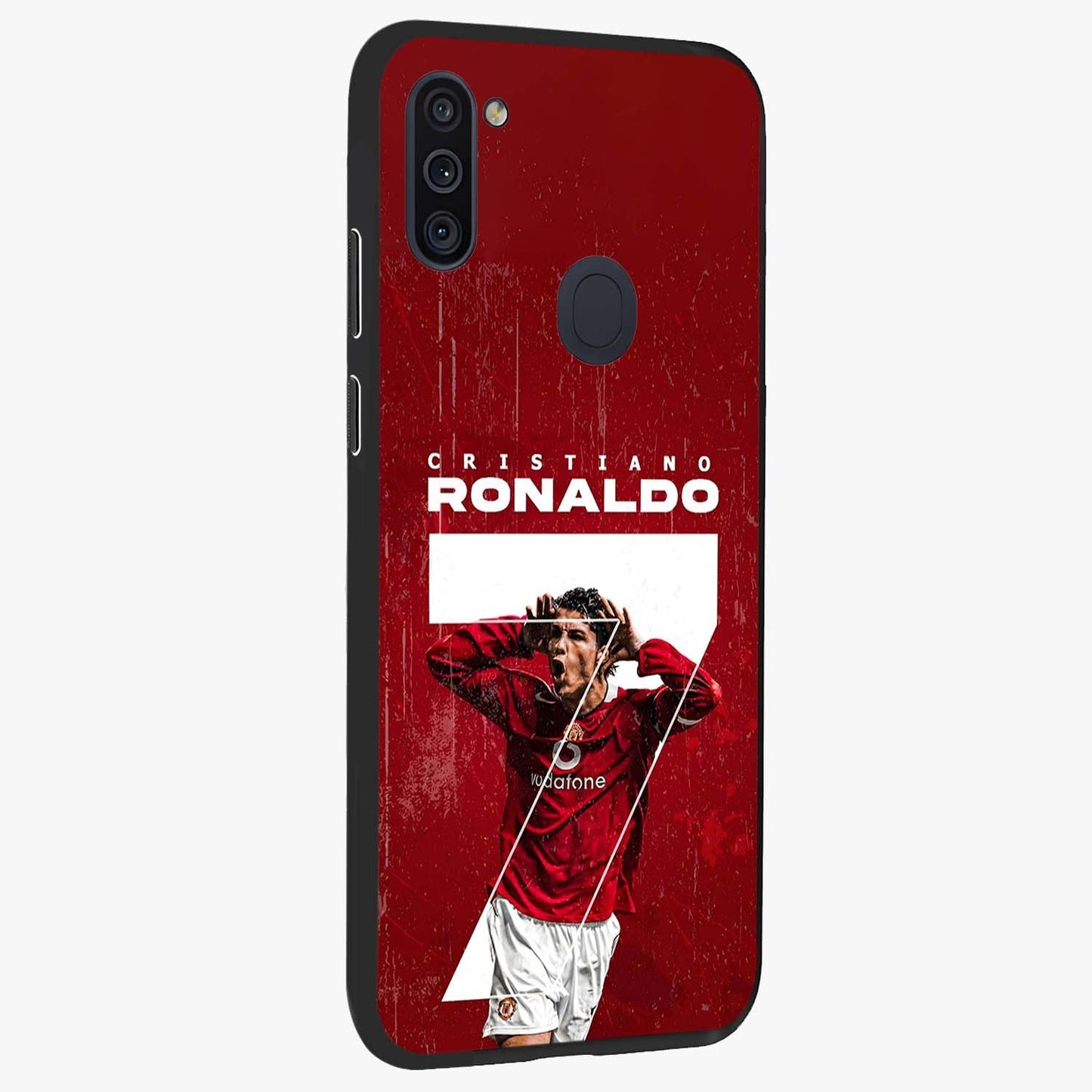 Goal Celebration Legacy Glass Case upright view showcasing dynamic football inspired artwork with victory celebration aesthetic.