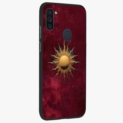 Golden Sun Minimalism Glass Case upright view showcasing simple golden sun artwork with elegant minimalist style.