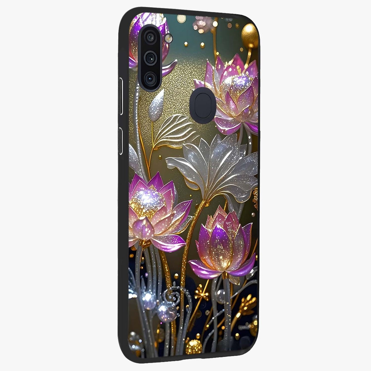 Golden Floral Majesty Glass Case upright view showcasing majestic floral artwork with rich decorative theme.