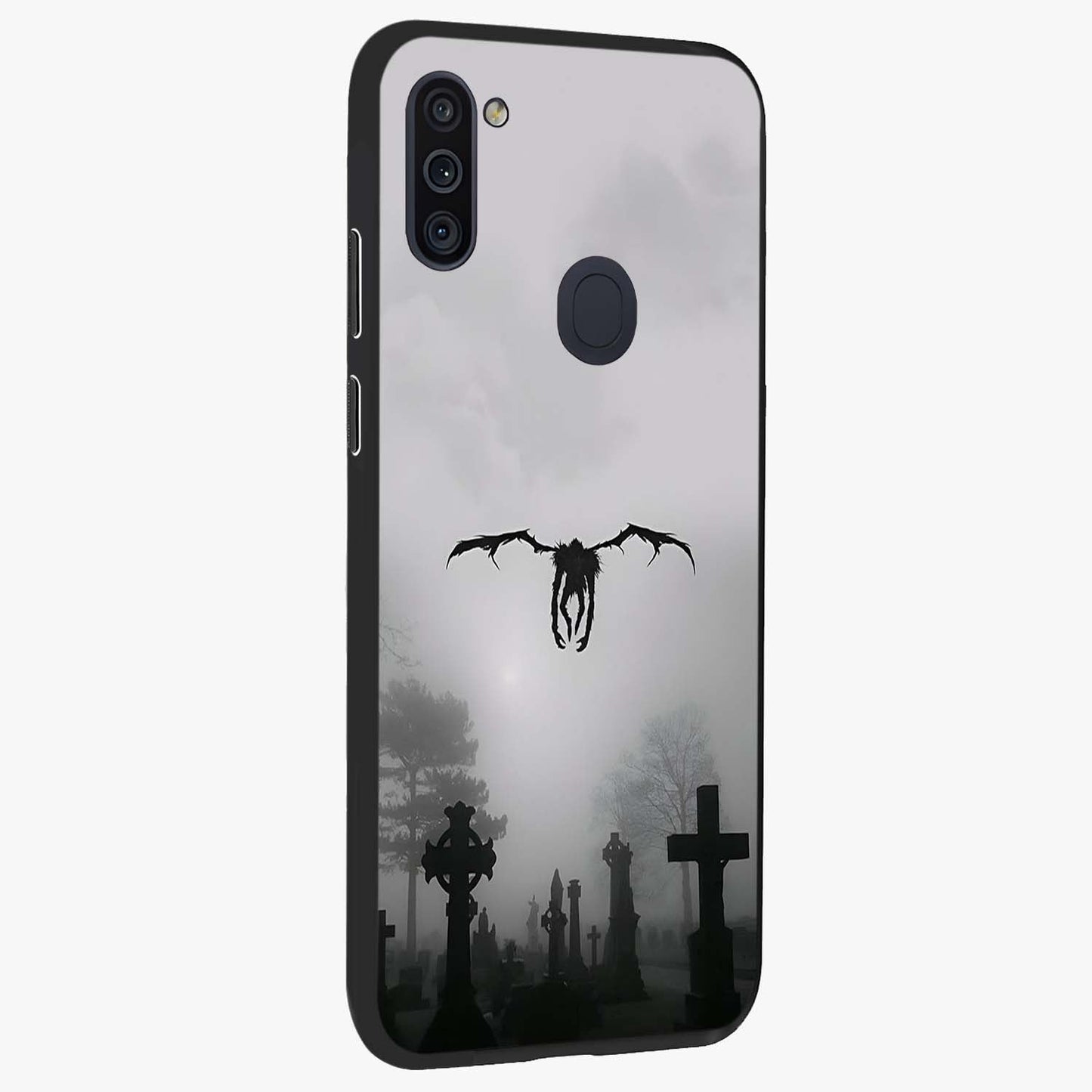 Graveyard Shadow Descent Glass Case upright view showcasing haunting graveyard artwork with dramatic dark theme.