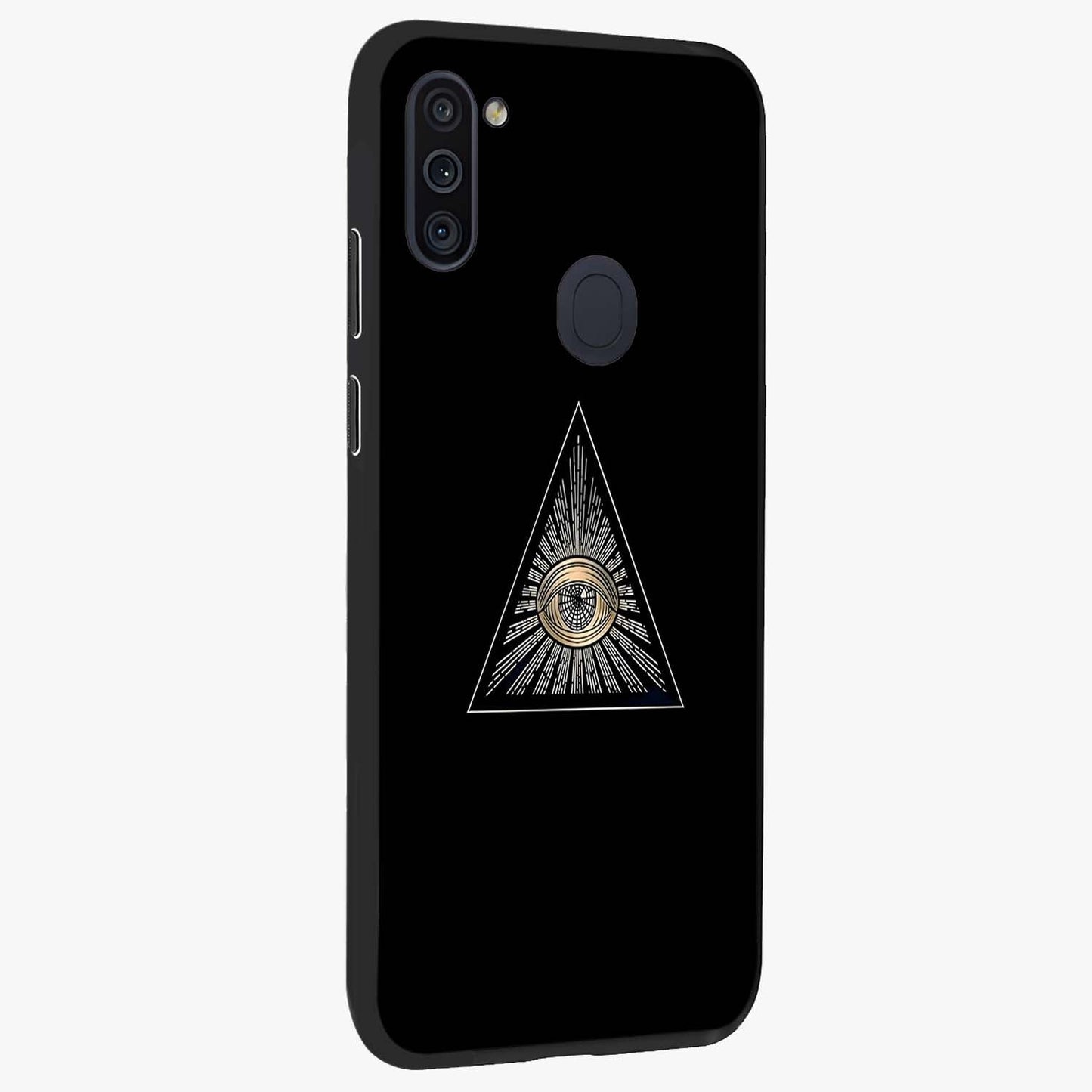Illuminati Evil Glass Case upright view showcasing striking illuminati artwork with mysterious symbolic theme.