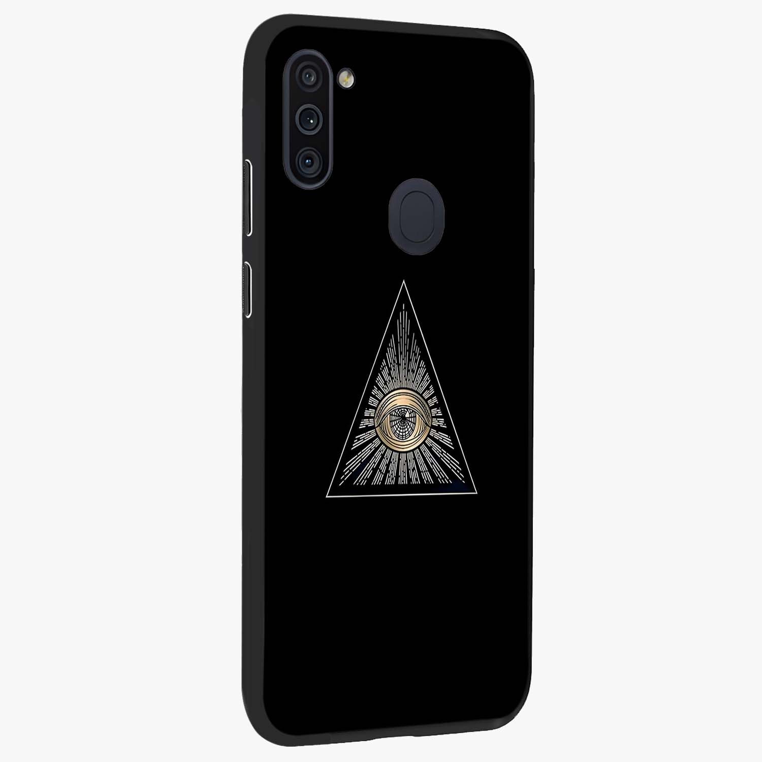 Illuminati Evil Glass Case upright view showcasing striking illuminati artwork with mysterious symbolic theme.