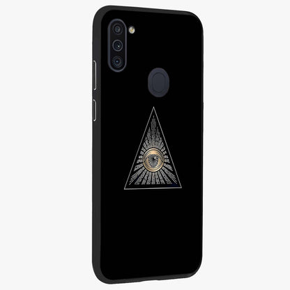 Illuminati Evil Glass Case upright view showcasing striking illuminati artwork with mysterious symbolic theme.
