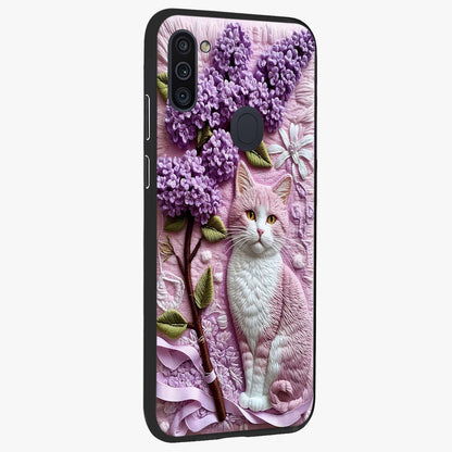 Lavender Cat Whimsy Glass Case upright view showcasing charming cat artwork with whimsical lavender theme.