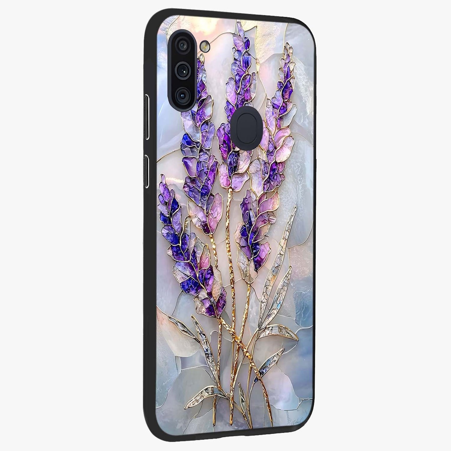 Lavender Dream Glow Glass Case upright view showcasing radiant lavender glow artwork with calming dreamy theme.