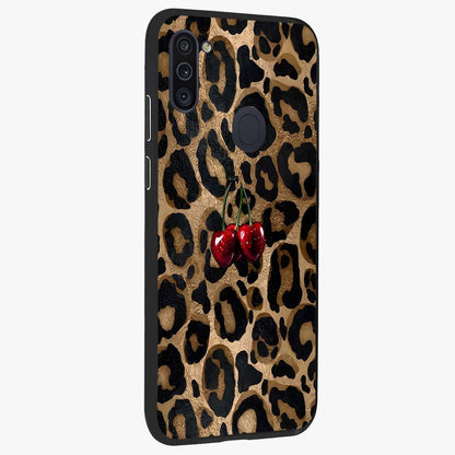 Leopard Wild Cherry Glass Case upright view showcasing stylish leopard pattern artwork with trendy fashion theme.