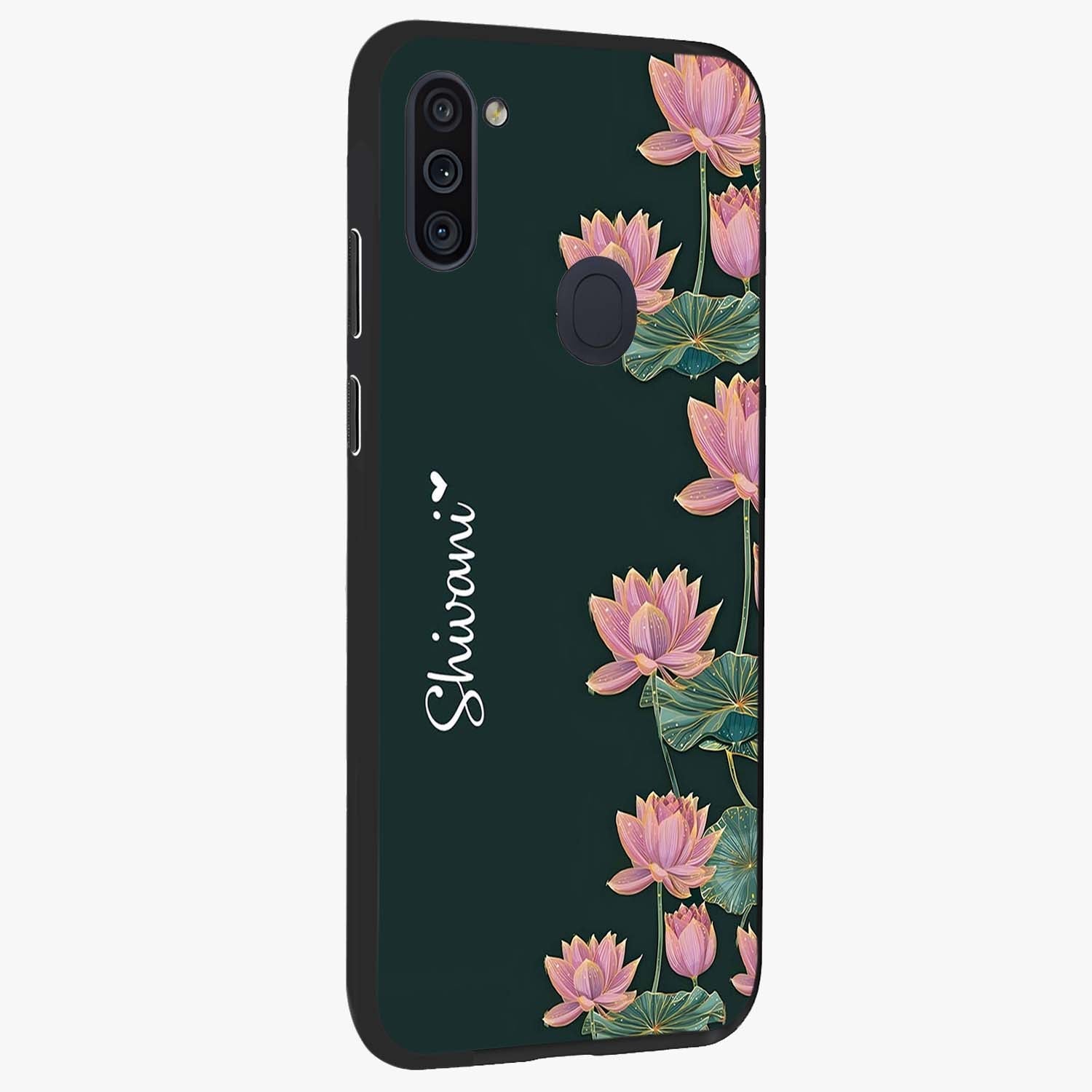 Lotus Bloom Serenity Custom Name Glass Case upright view showcasing serene lotus bloom artwork with personalized floral aesthetic.