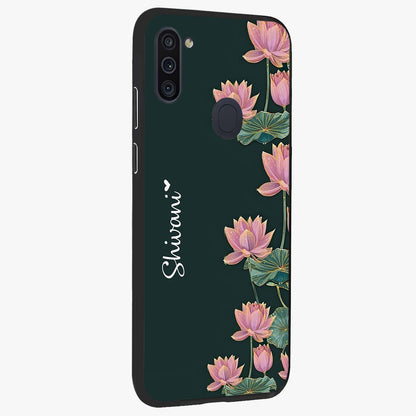 Lotus Bloom Serenity Custom Name Glass Case upright view showcasing serene lotus bloom artwork with personalized floral aesthetic.