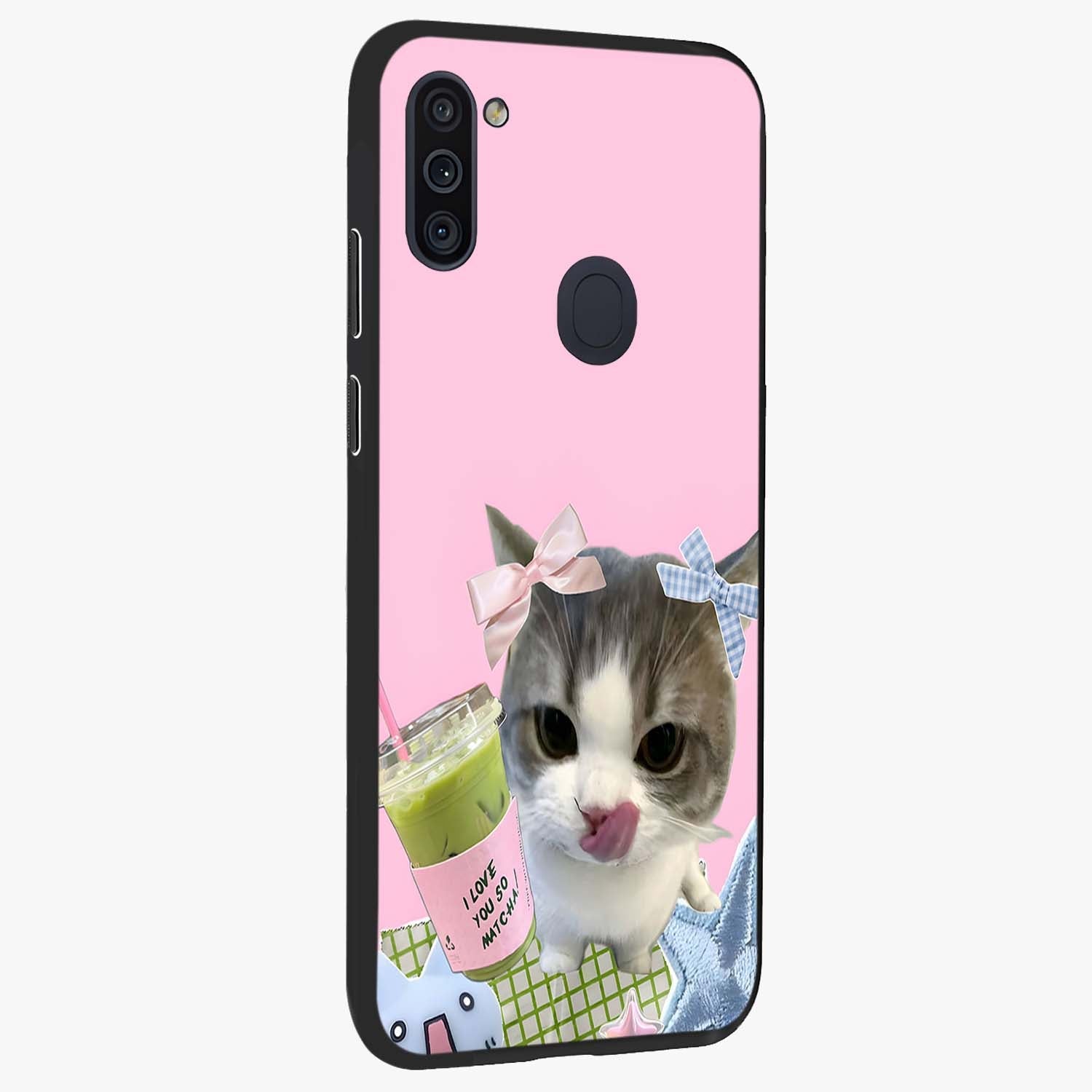 Love Matcha Cat Glass Case upright view showcasing adorable cat artwork with charming matcha themed design.