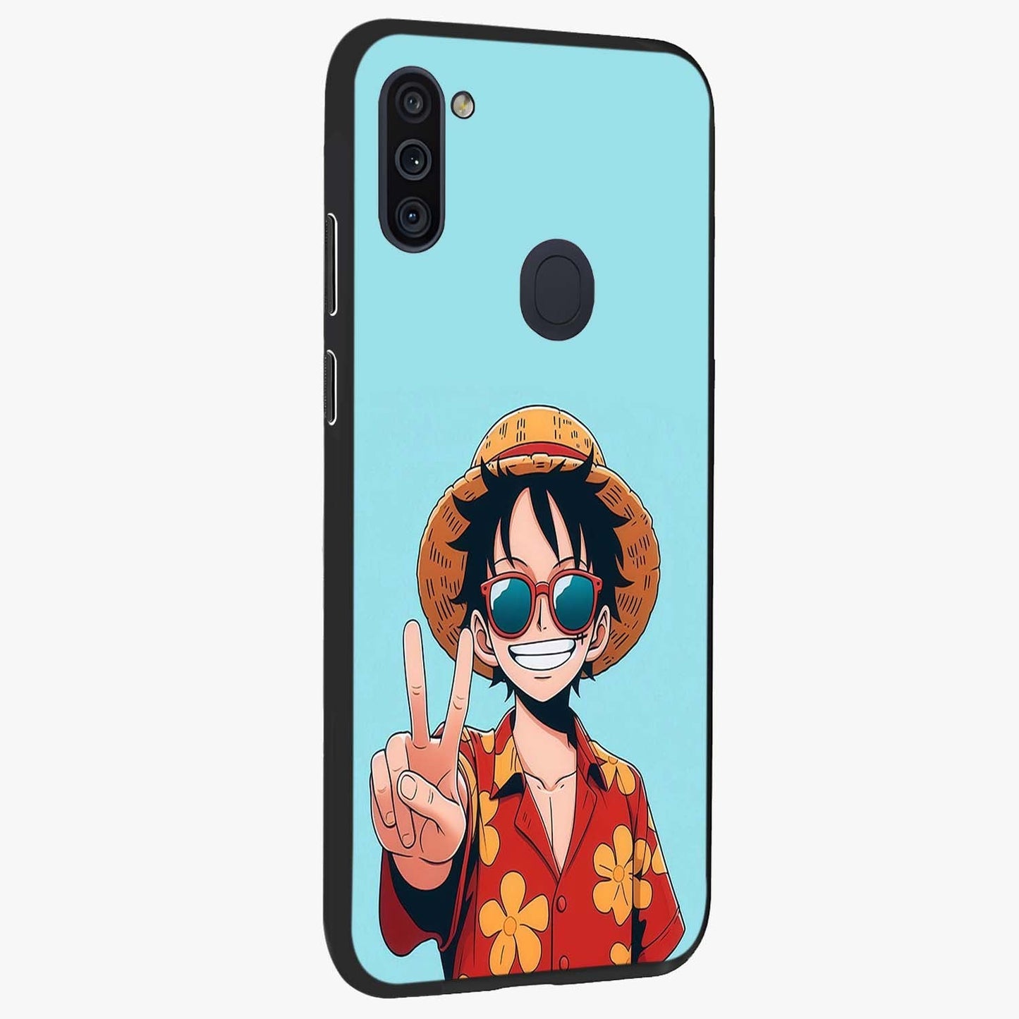 Luffy Summer Anime Vibe Glass Case upright view showcasing dynamic anime artwork with bright adventurous theme.