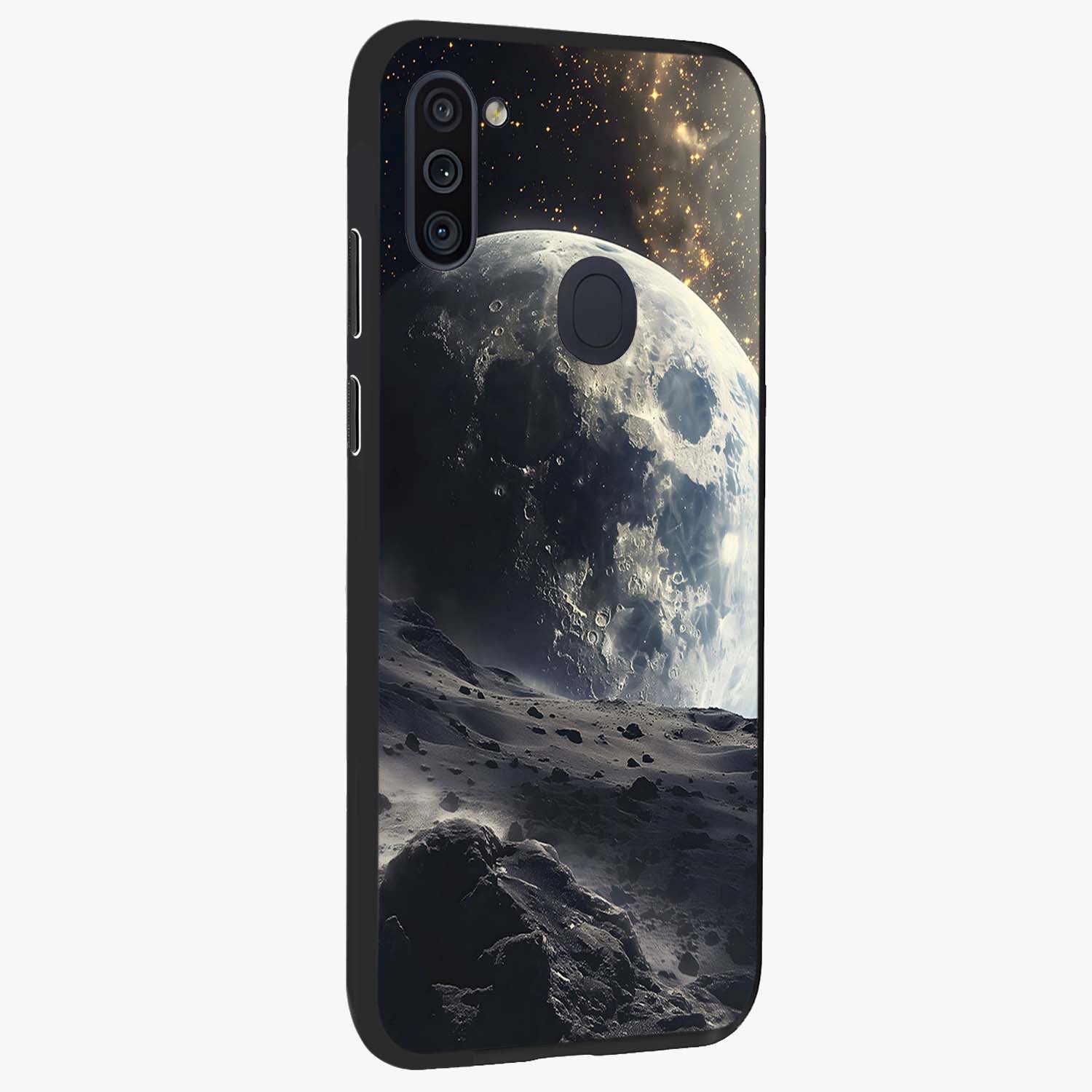 Lunar Horizon Glow Glass Case upright view showcasing radiant lunar artwork with calm cosmic theme.