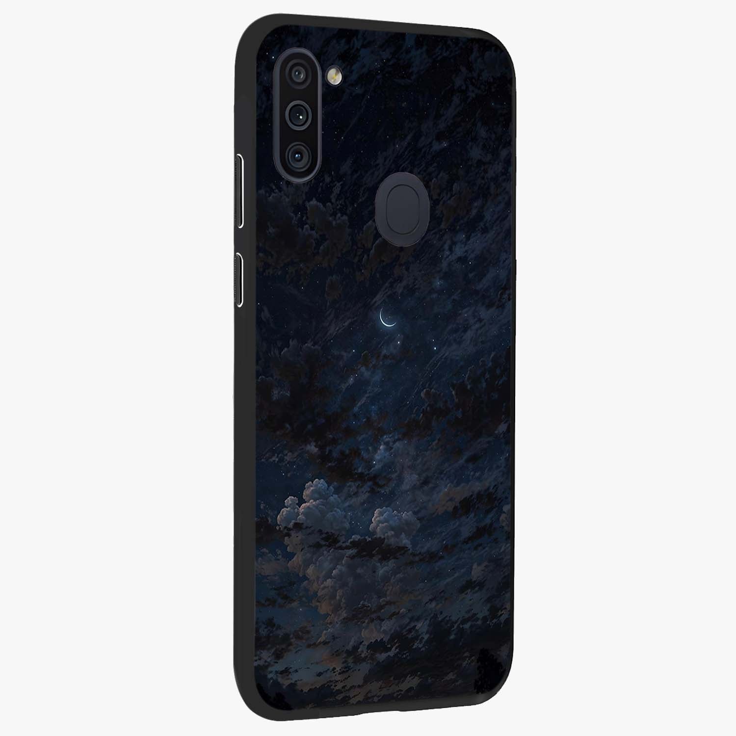 Lunar Veil Silence Glass Case upright view showcasing calm moon themed artwork with serene night atmosphere.