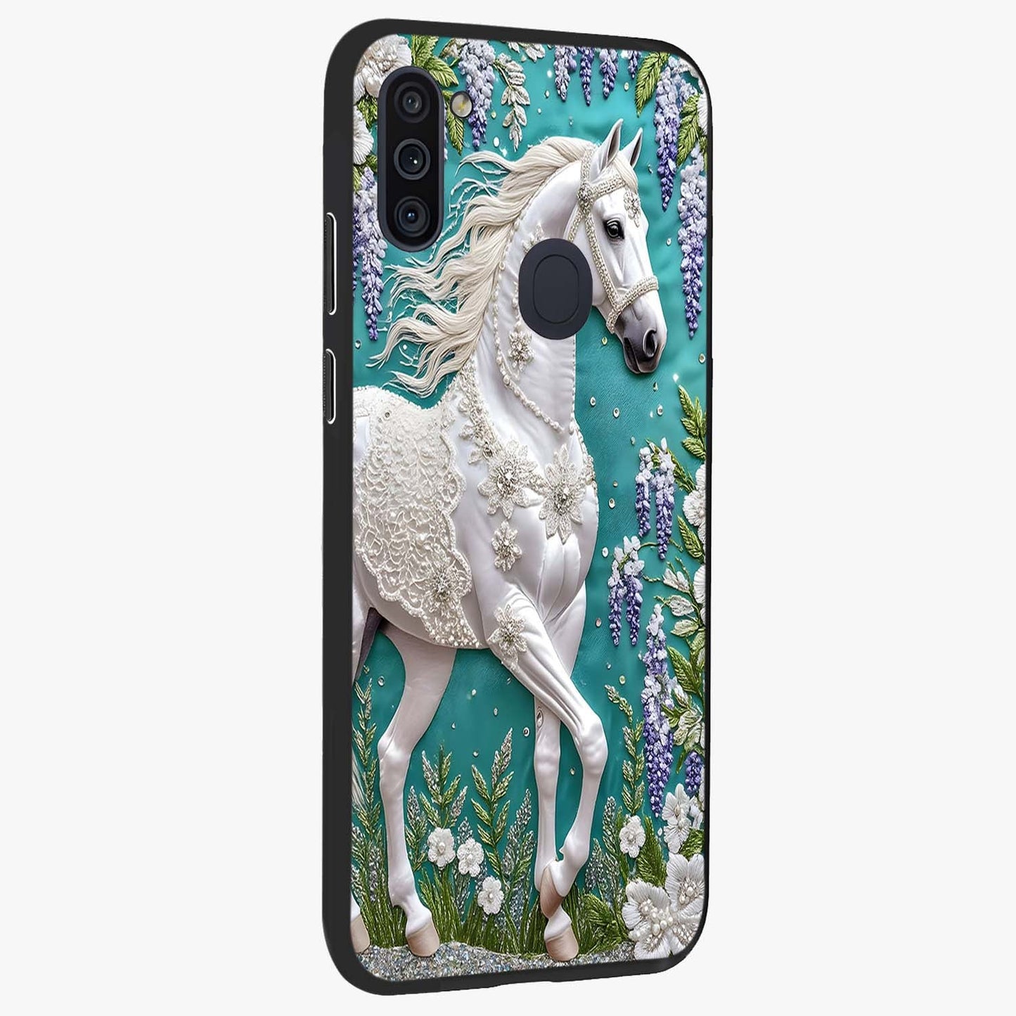 Majestic Floral Stallion Glass Case upright view showcasing dramatic horse artwork with decorative floral theme.