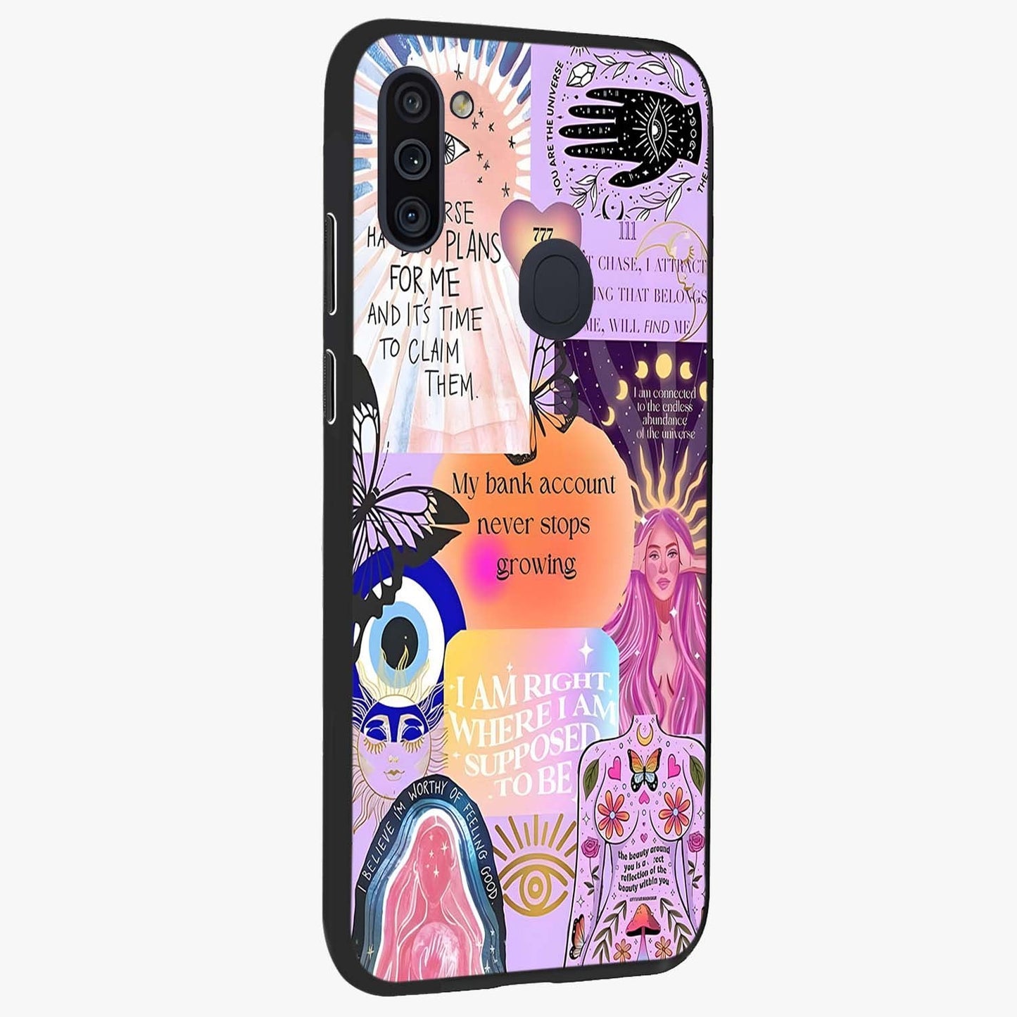 Manifestation Collage Glass Case upright view showcasing artistic manifestation themed artwork with creative style.