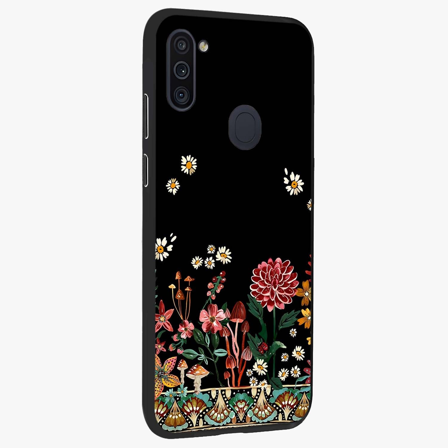 Midnight Bloom Pattern Glass Case upright view showcasing decorative floral artwork with deep night themed palette.
