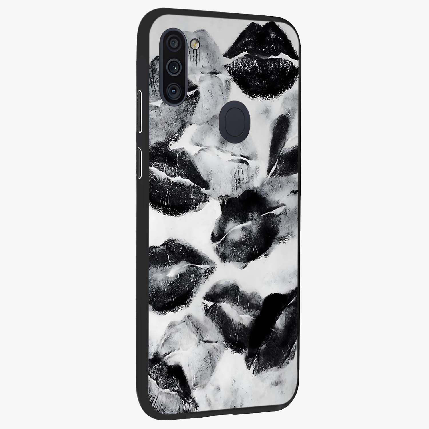 Midnight Kiss Marks Glass Case upright view showcasing stylish kiss mark artwork with trendy romantic theme.