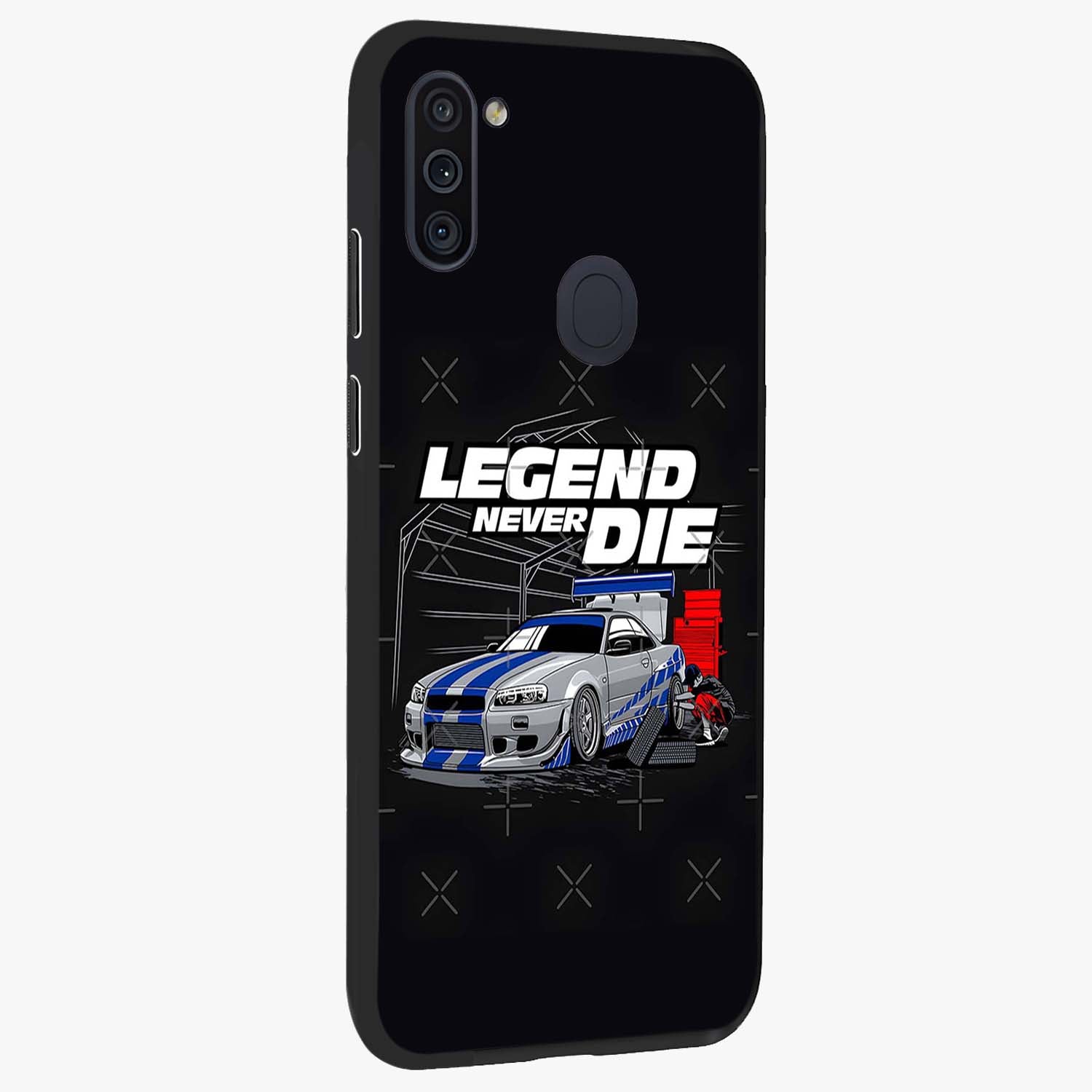 Midnight Racing Legacy Glass Case upright view showcasing powerful racing artwork with modern sports theme.