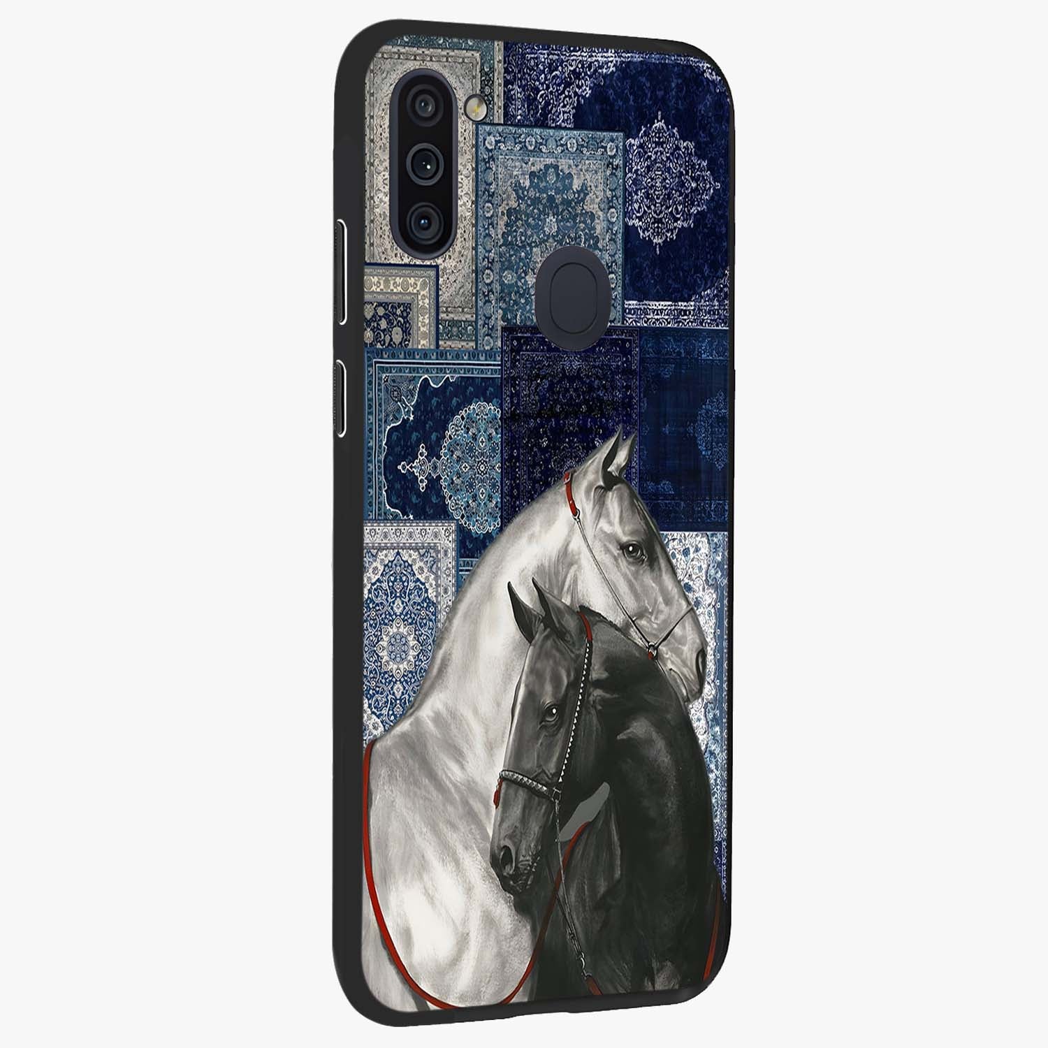 Midnight Stallion Blues Glass Case upright view showcasing dramatic horse artwork with bold artistic theme.