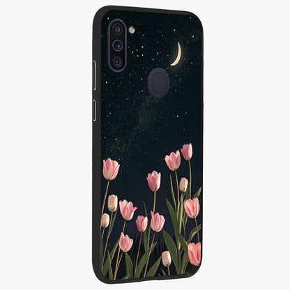 Midnight Tulip Whispers Vibe Glass Case upright view showcasing graceful tulip artwork with calm botanical theme.