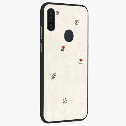 Minimalistic Blue With White Flower Pattern Glass Case upright view showcasing clean white flower artwork with calming blue theme.