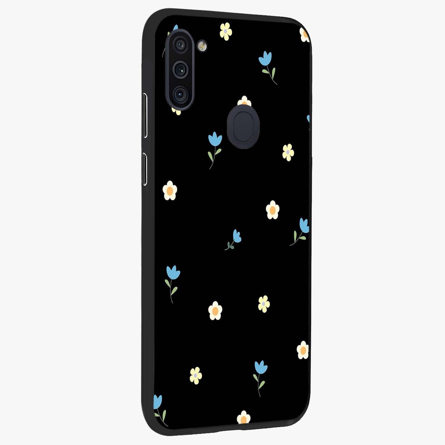Minimal Petal Whispers Glass Case upright view showcasing elegant floral artwork with modern minimalist style.