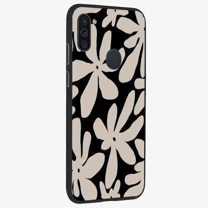 Monochrome Petal Dance Glass Case upright view showcasing artistic floral pattern with stylish monochrome theme.