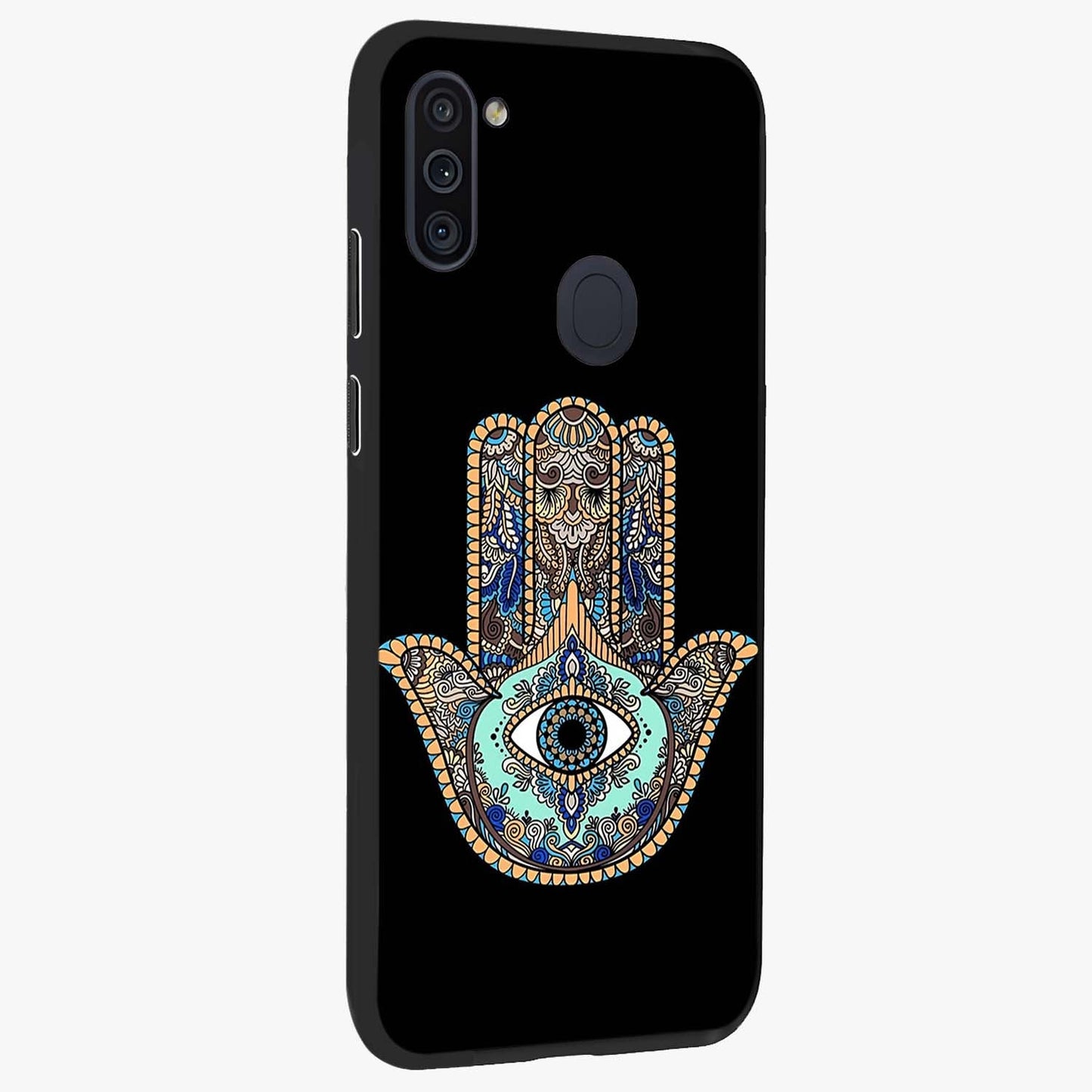 Mystic Hamsa Eye Glass Case upright view showcasing detailed hamsa eye artwork with protective spiritual theme.