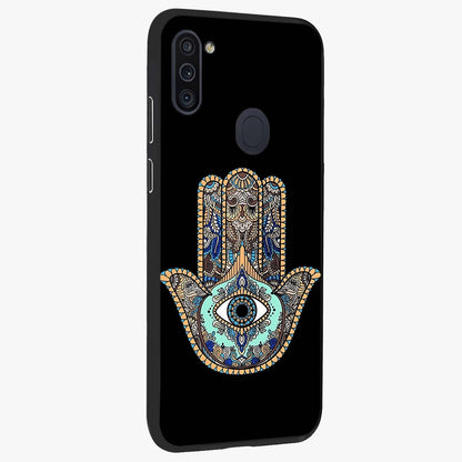 Mystic Hamsa Eye Glass Case upright view showcasing detailed hamsa eye artwork with protective spiritual theme.