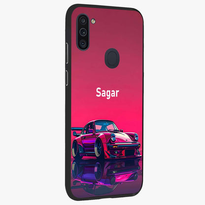 Neon Pink Porsche Glass Case upright view showcasing vibrant sports car artwork with bold automotive theme.
