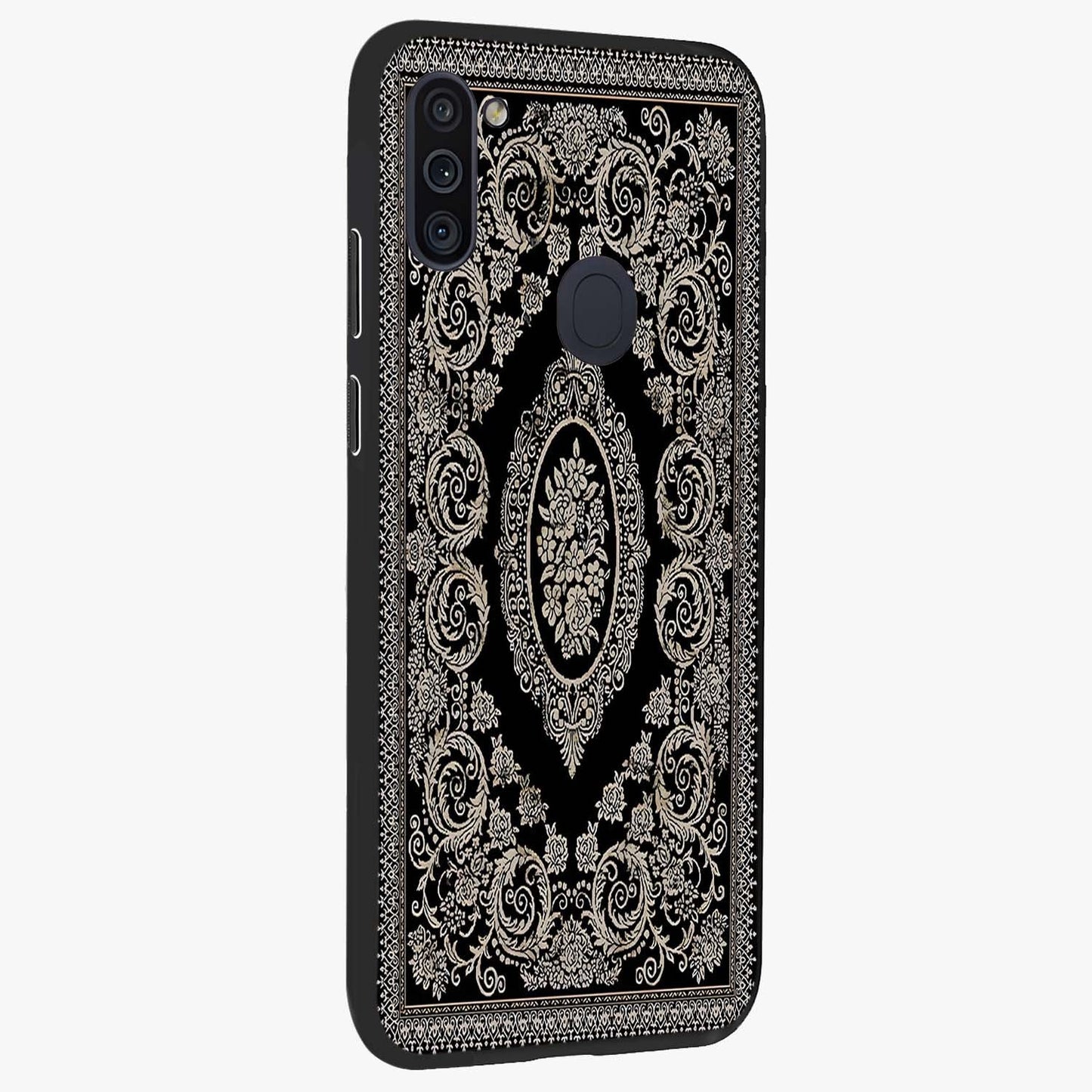 Noir Bloom Elegance Glass Case upright view showcasing graceful floral artwork with luxurious dark theme.