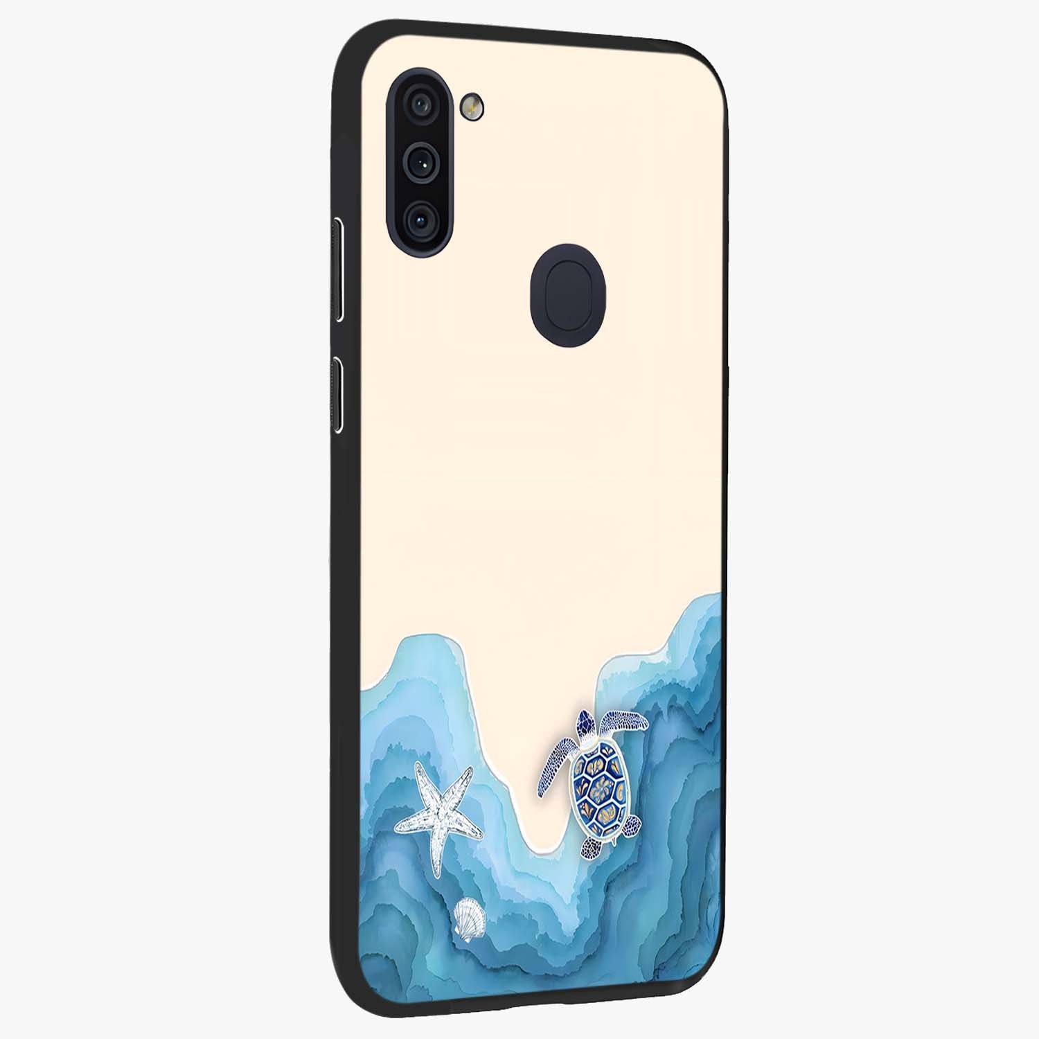Ocean Drift Turtle Glass Case upright view showcasing calm underwater turtle artwork with nature inspired theme.