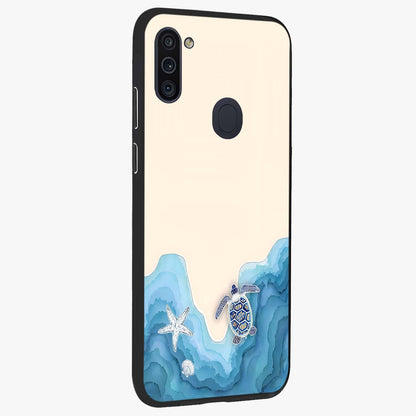 Ocean Drift Turtle Glass Case upright view showcasing calm underwater turtle artwork with nature inspired theme.