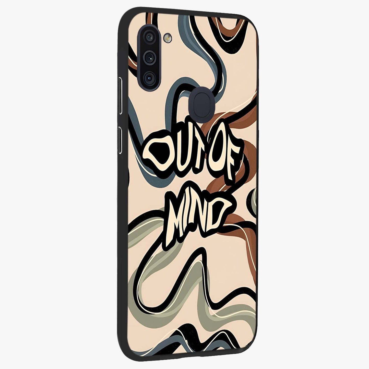Out Of Mind Glass Case upright view showcasing striking typography artwork with edgy conceptual theme.