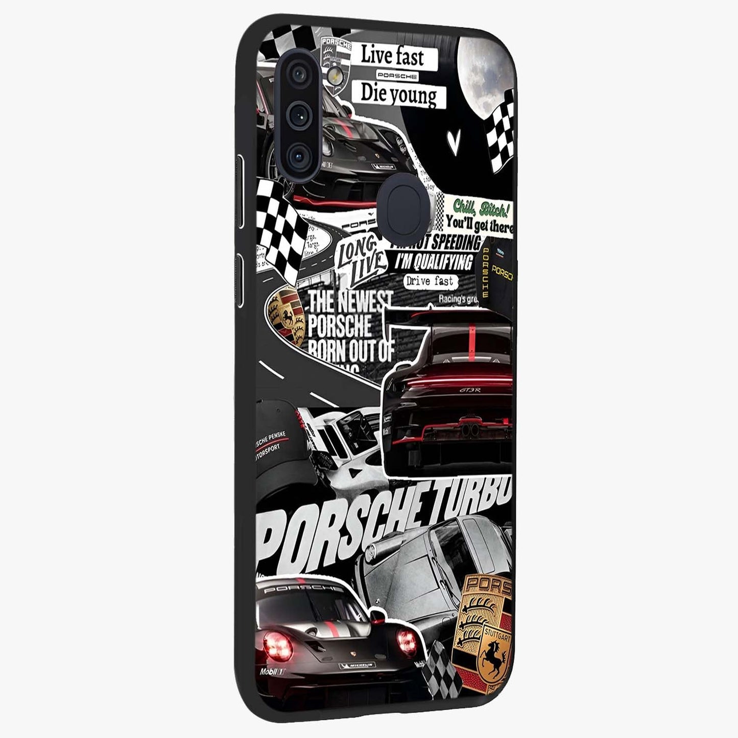 Porsche Racing Collage Glass Case upright view showcasing energetic car collage artwork with high speed racing theme.