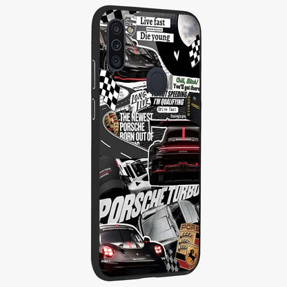 Porsche Racing Collage Glass Case upright view showcasing energetic car collage artwork with high speed racing theme.