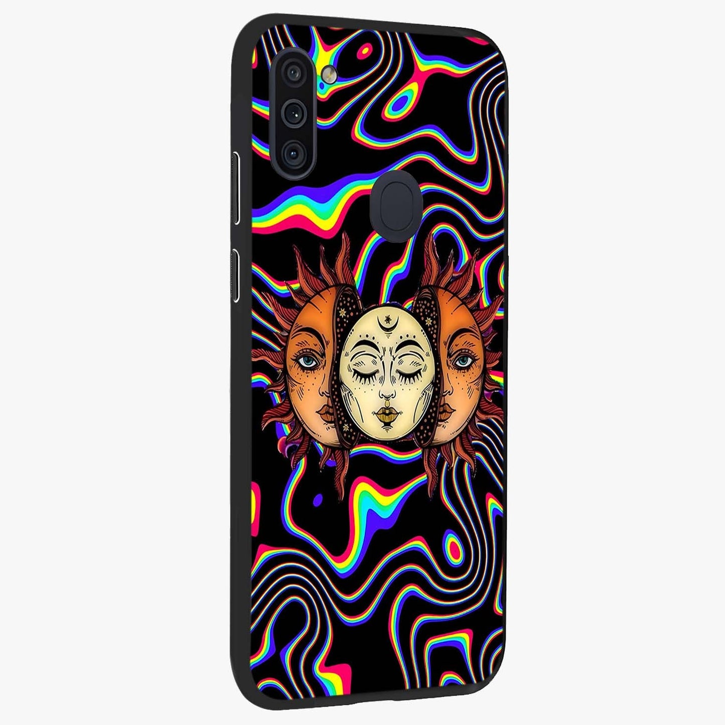 Psychedelic Sun Glass Case upright view showcasing trippy sun artwork with bold psychedelic theme.