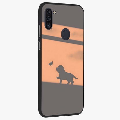 Puppy Shadow Art Glass Case upright view showcasing charming puppy artwork with creative silhouette theme.