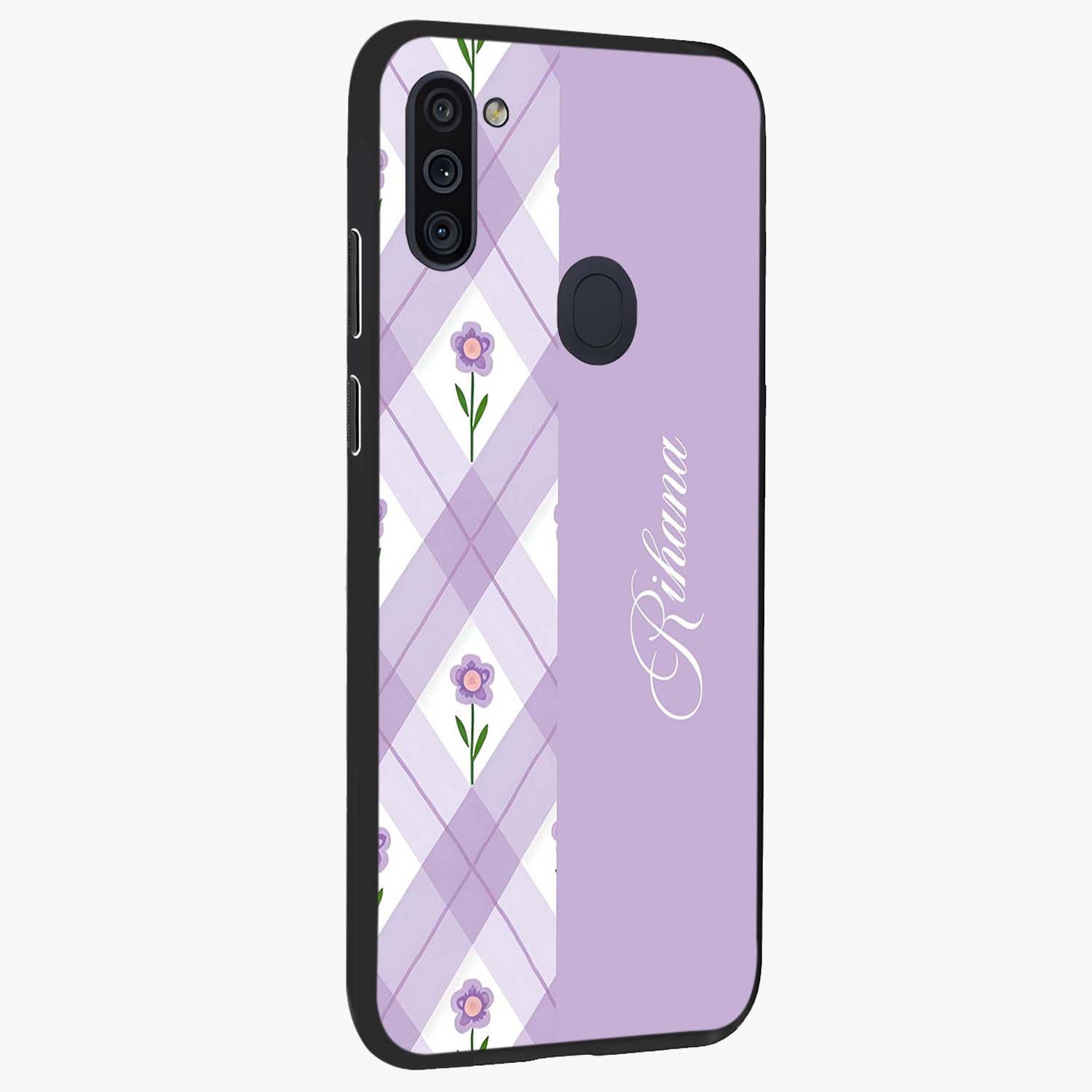 Purple Diamond Floral Glass Case upright view showcasing vibrant floral artwork with stylish geometric theme.