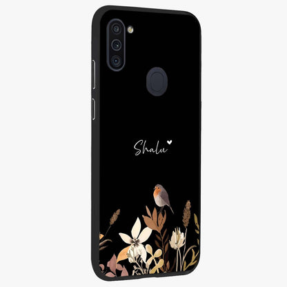 Quiet Garden Tune Custom Name Glass Case upright view showcasing serene botanical artwork with personalized aesthetic.