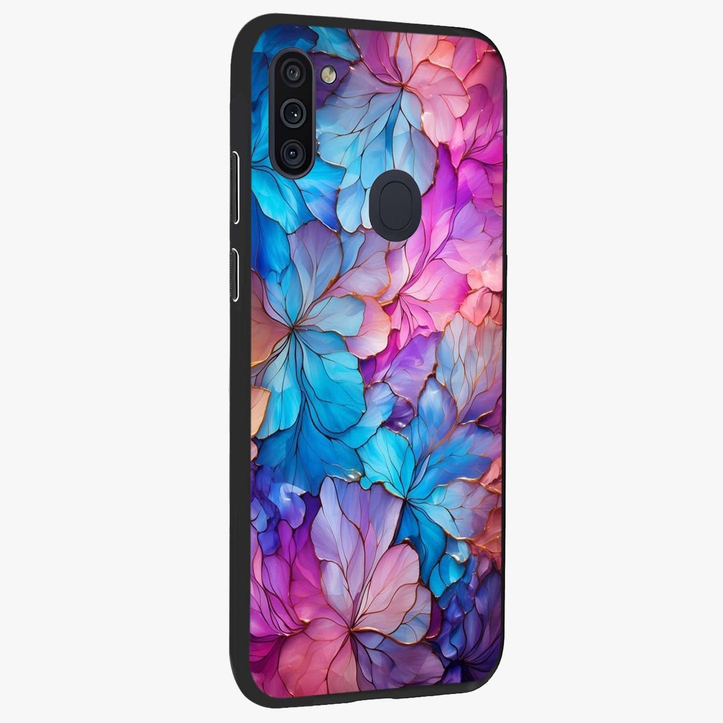 Radiant Floral Whirl Glass Case upright view showcasing lively floral artwork with decorative swirl theme.