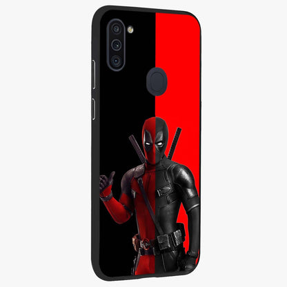 Red & Black Deadpool Theme Glass Case upright view showcasing energetic comic themed artwork with striking red and black design.