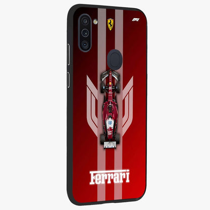 Red Ferrari F1 Vertical Glass Case upright view showcasing powerful Formula car artwork with dynamic motorsport theme.