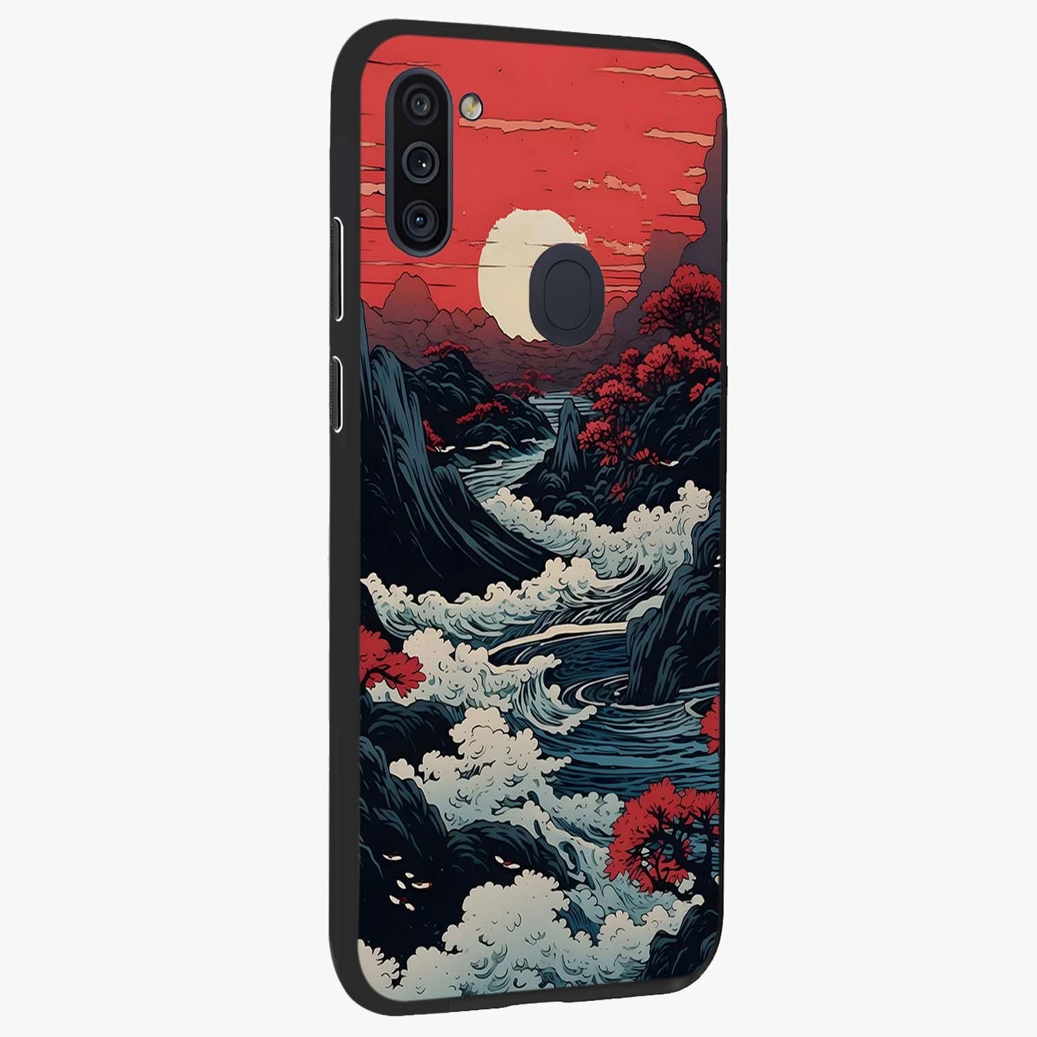 Red Sunset Scenery Glass Case upright view showcasing dramatic sunset scenery artwork with warm nature theme.