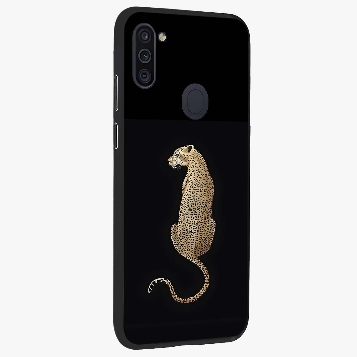 Regal Leopard Glass Case upright view showcasing striking leopard artwork with fierce wildlife theme.