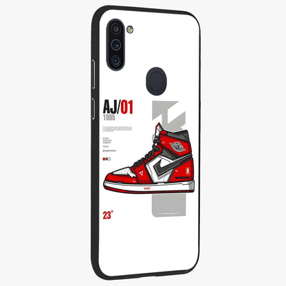 Retro Sneaker Blueprint Glass Case upright view showcasing stylish sneaker illustration with vintage streetwear theme.