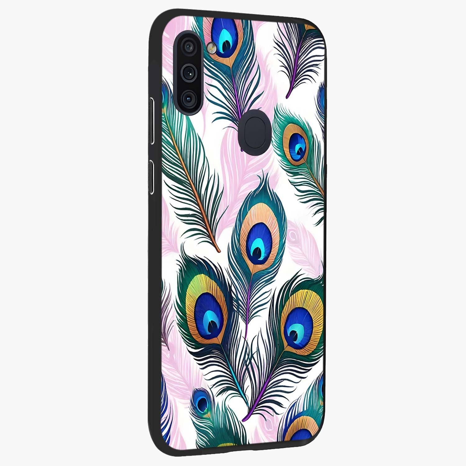 Royal Peacock Feathers Glass Case upright view showcasing elegant peacock feather artwork with decorative royal theme.